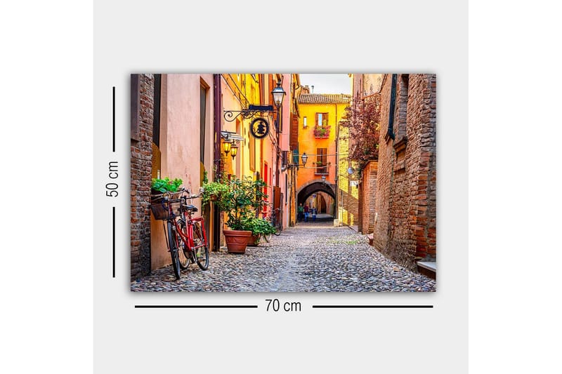 Canvastaulu - Viehättävä katu polkupyörällä ja värikkäillä rakennuksilla - Oranssi / Vihreä / Punainen - Sisustustuotteet - Taulu & taide - Canvas-taulu
