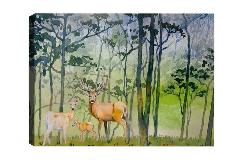 Canvastaulu - Villieläinperhe metsäympäristössä peurojen ja pienen lapsen kanssa, Vihreä / Ruskea / Beige