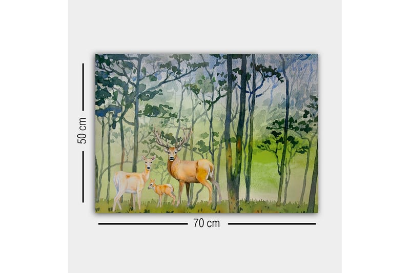 Canvastaulu - Villieläinperhe metsäympäristössä peurojen ja pienen lapsen kanssa - Vihreä / Ruskea / Beige - Sisustustuotteet - Taulu & taide - Canvas-taulu