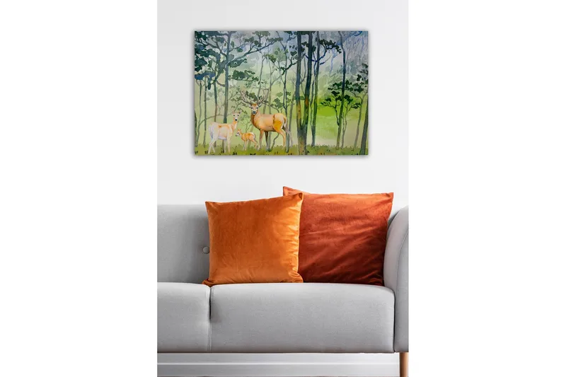 Canvastaulu - Villieläinperhe metsäympäristössä peurojen ja pienen lapsen kanssa - Vihreä / Ruskea / Beige - Sisustustuotteet - Taulu & taide - Canvas-taulu