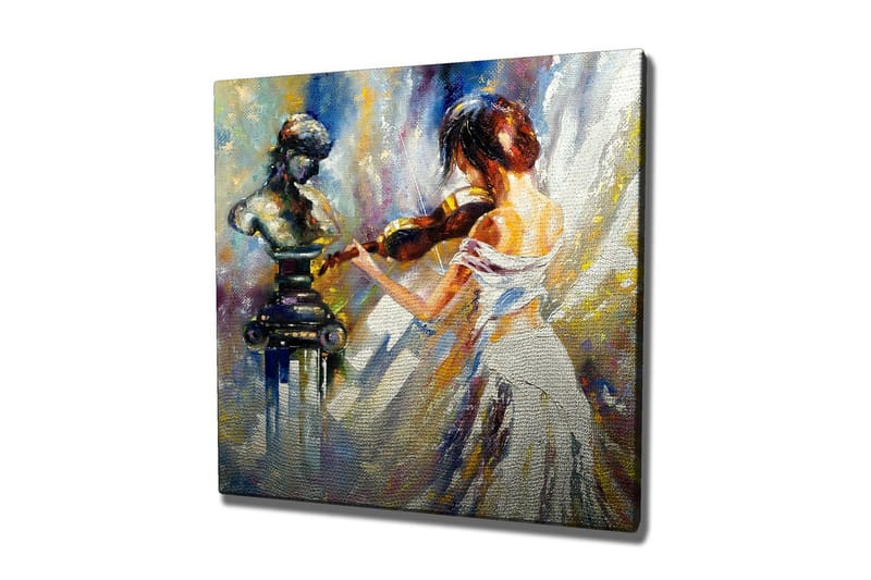 Canvastaulu - Viulua soittava nainen veistoksen kanssa taustalla, Valkoinen / Sininen / Kulta