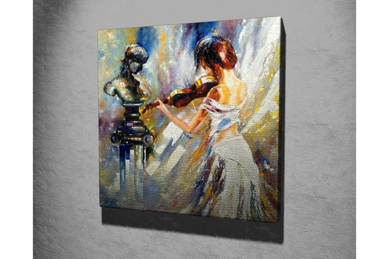 Canvastaulu - Viulua soittava nainen veistoksen kanssa taustalla - Valkoinen / Sininen / Kulta - Sisustustuotteet - Taulu & taide - Canvas-taulu