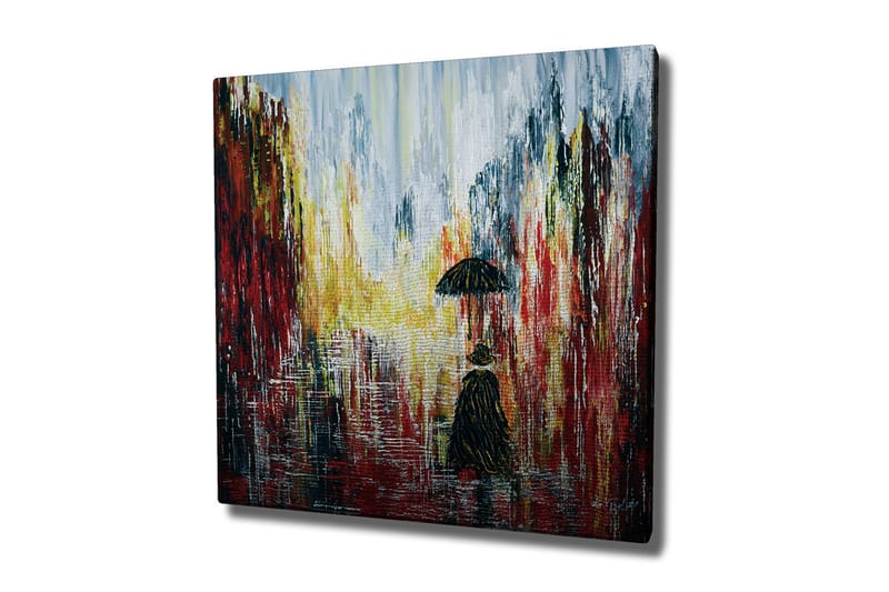 Canvastaulu - Yksinäinen hahmo sateenvarjon kanssa sateisessa kaupunkiympäristössä, Punainen / Musta / Keltainen