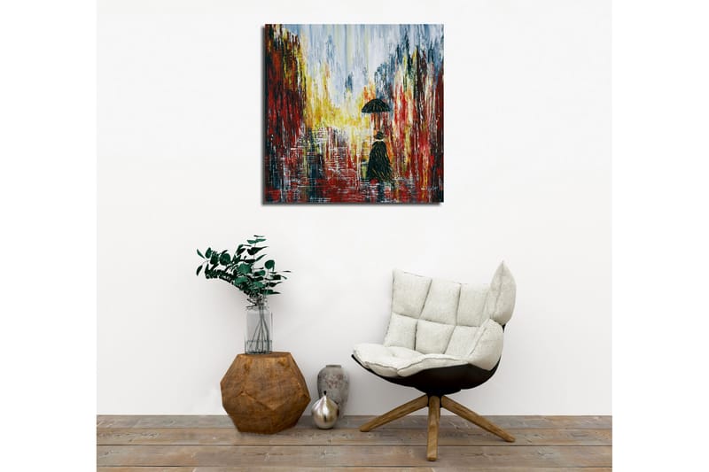 Canvastaulu - Yksinäinen hahmo sateenvarjon kanssa sateisessa kaupunkiympäristössä - Punainen / Musta / Keltainen - Sisustustuotteet - Taulu & taide - Canvas-taulu