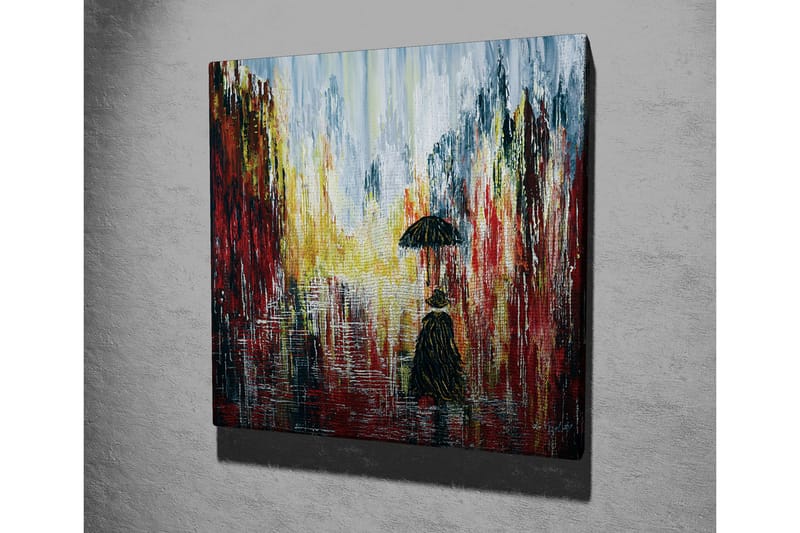 Canvastaulu - Yksinäinen hahmo sateenvarjon kanssa sateisessa kaupunkiympäristössä - Punainen / Musta / Keltainen - Sisustustuotteet - Taulu & taide - Canvas-taulu