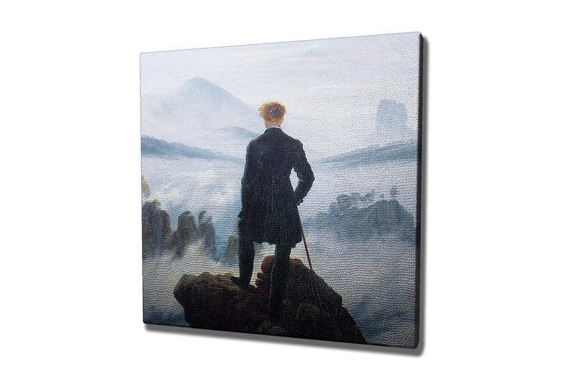 Canvastaulu - Yksinäinen mies kalliolla katselee sumuista maisemaa, Tummanvihreä / Harmaa / Sininen