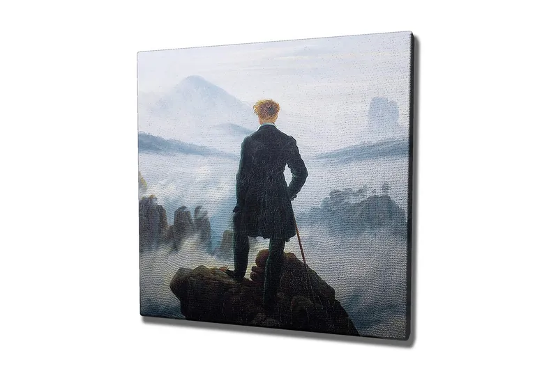 Canvastaulu - Yksinäinen mies kalliolla katselee sumuista maisemaa, Tummanvihreä / Harmaa / Sininen
