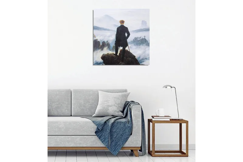 Canvastaulu - Yksinäinen mies kalliolla katselee sumuista maisemaa - Tummanvihreä / Harmaa / Sininen - Sisustustuotteet - Taulu & taide - Canvas-taulu