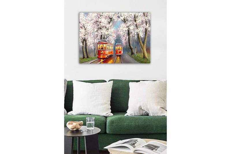 Canvastaulu - Punaiset raitiovaunut kukkivien kirsikkapuiden alla - Punainen / Vaaleanpunainen / Vihreä - Sisustustuotteet - Taulu & taide - Canvas-taulu