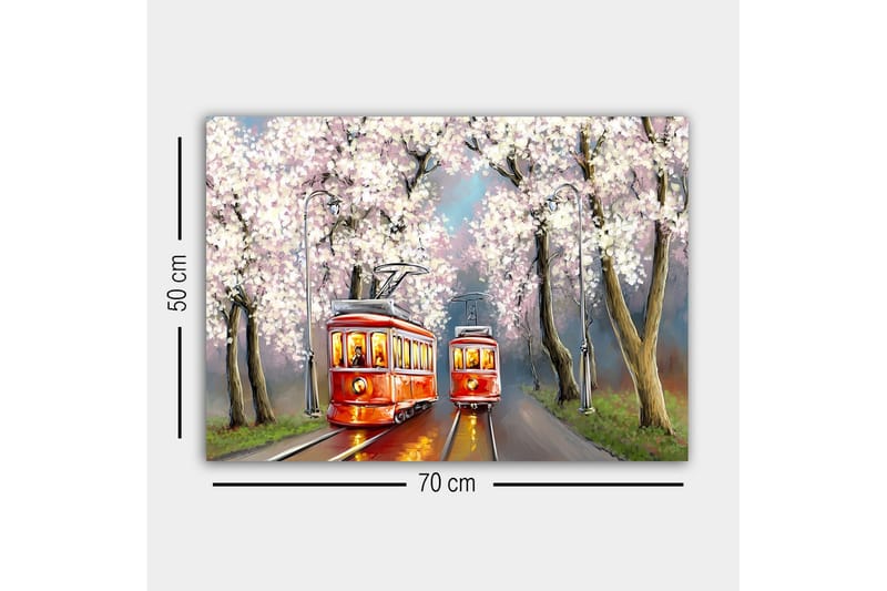 Canvastaulu - Punaiset raitiovaunut kukkivien kirsikkapuiden alla - Punainen / Vaaleanpunainen / Vihreä - Sisustustuotteet - Taulu & taide - Canvas-taulu