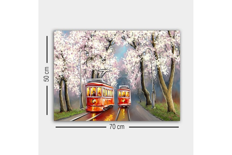 Canvastaulu - Punaiset raitiovaunut kukkivien kirsikkapuiden alla - Punainen / Vaaleanpunainen / Vihreä - Sisustustuotteet - Taulu & taide - Canvas-taulu