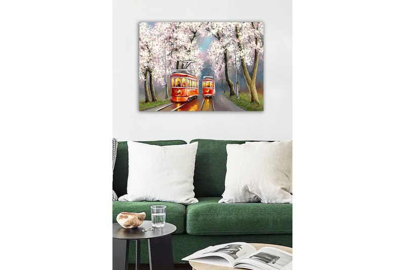 Canvastaulu - Punaiset raitiovaunut kukkivien kirsikkapuiden alla - Punainen / Vaaleanpunainen / Vihreä - Sisustustuotteet - Taulu & taide - Canvas-taulu