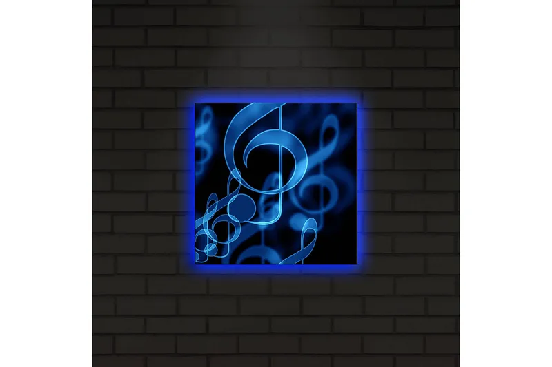 LED-valaistus kankaalle 28x28 cm - Abstrakti sommitelma sinisillä nuoteilla - Sininen / Musta - Sisustustuotteet - Taulu & taide - Canvas-taulu