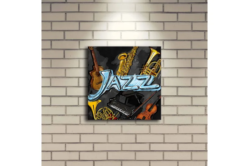 LED-valaistus kankaalle 28x28 cm - Jazz-instrumentteja eloisassa sommitelmassa - Kulta / Musta / Sininen - Sisustustuotteet - Taulu & taide - Canvas-taulu