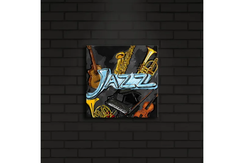 LED-valaistus kankaalle 28x28 cm - Jazz-instrumentteja eloisassa sommitelmassa - Kulta / Musta / Sininen - Sisustustuotteet - Taulu & taide - Canvas-taulu