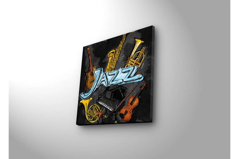 LED-valaistus kankaalle 28x28 cm - Jazz-instrumentteja eloisassa sommitelmassa - Kulta / Musta / Sininen - Sisustustuotteet - Taulu & taide - Canvas-taulu