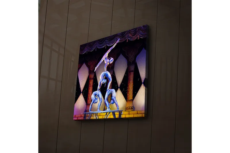 LED-valaistus kankaalle 40x40 cm - Akrobaattinen esitys, jossa kolme ihmistä tasapainoilee lavalla, Sininen / Keltainen / Violetti