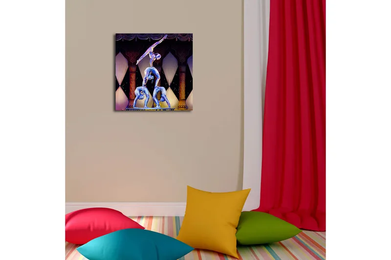 LED-valaistus kankaalle 40x40 cm - Akrobaattinen esitys, jossa kolme ihmistä tasapainoilee lavalla - Sininen / Keltainen / Violetti - Sisustustuotteet - Taulu & taide - Canvas-taulu