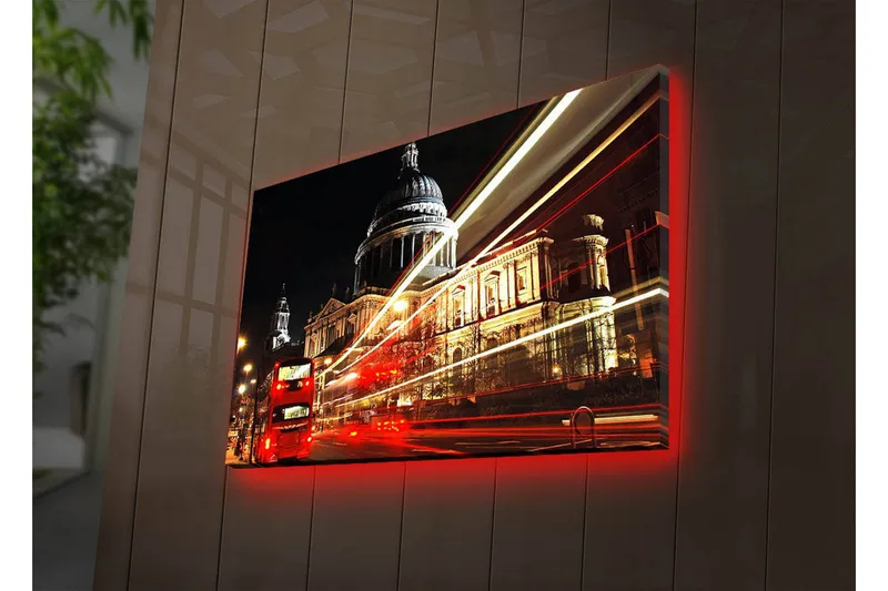 LED-valaistus kankaalle 45x70 cm - Kaupungin siluetti ja yövalaistus Pyhän Paavalin katedraalista, Punainen / Kulta / Musta