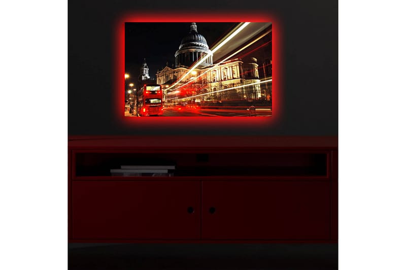LED-valaistus kankaalle 45x70 cm - Kaupungin siluetti ja yövalaistus Pyhän Paavalin katedraalista - Punainen / Kulta / Musta - Sisustustuotteet - Taulu & taide - Canvas-taulu