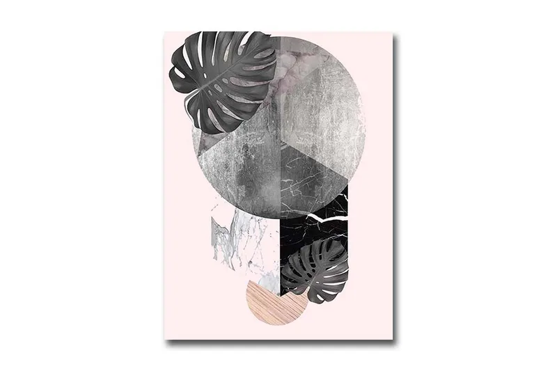 Pieni canvas-taulu 28x38 cm - Abstrakti sommitelma geometrisilla muodoilla ja kasviaiheilla, Musta / Harmaa / Vaaleanpunainen