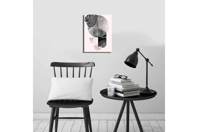Pieni canvas-taulu 28x38 cm - Abstrakti sommitelma geometrisilla muodoilla ja kasviaiheilla - Musta / Harmaa / Vaaleanpunainen - Sisustustuotteet - Taulu & taide - Canvas-taulu