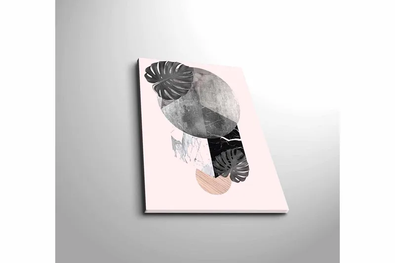 Pieni canvas-taulu 28x38 cm - Abstrakti sommitelma geometrisilla muodoilla ja kasviaiheilla - Musta / Harmaa / Vaaleanpunainen - Sisustustuotteet - Taulu & taide - Canvas-taulu