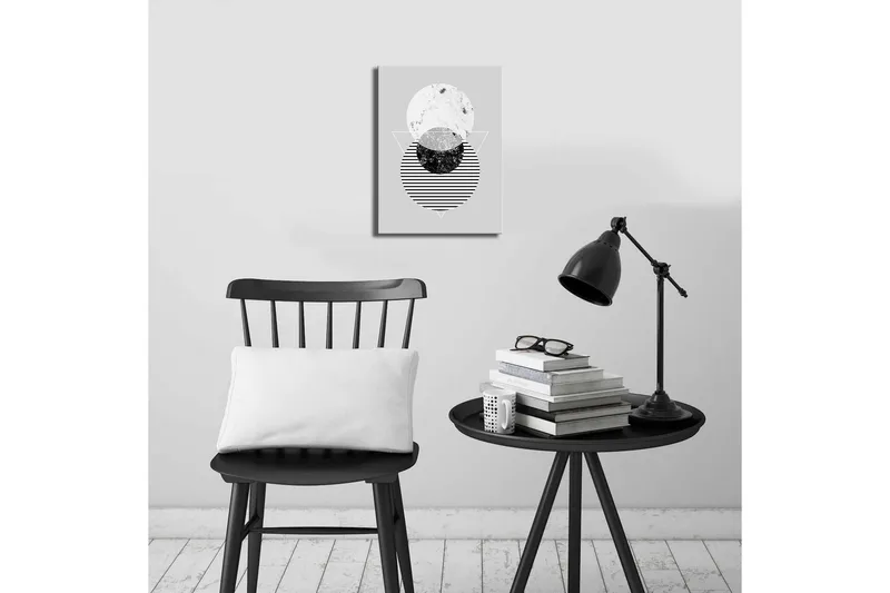 Pieni canvas-taulu 28x38 cm - Abstrakti sommitelma ympyröillä ja kolmioilla - Musta / Valkoinen / Harmaa - Sisustustuotteet - Taulu & taide - Canvas-taulu