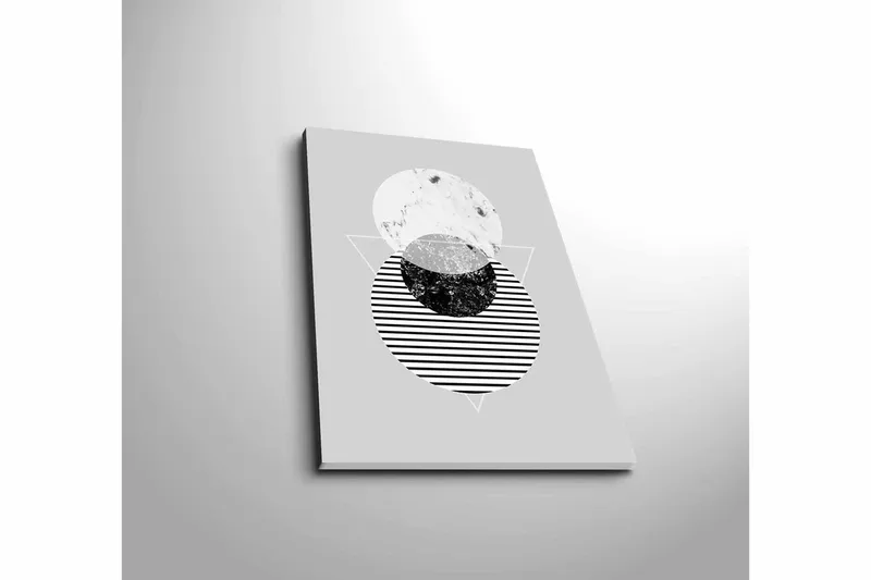Pieni canvas-taulu 28x38 cm - Abstrakti sommitelma ympyröillä ja kolmioilla - Musta / Valkoinen / Harmaa - Sisustustuotteet - Taulu & taide - Canvas-taulu
