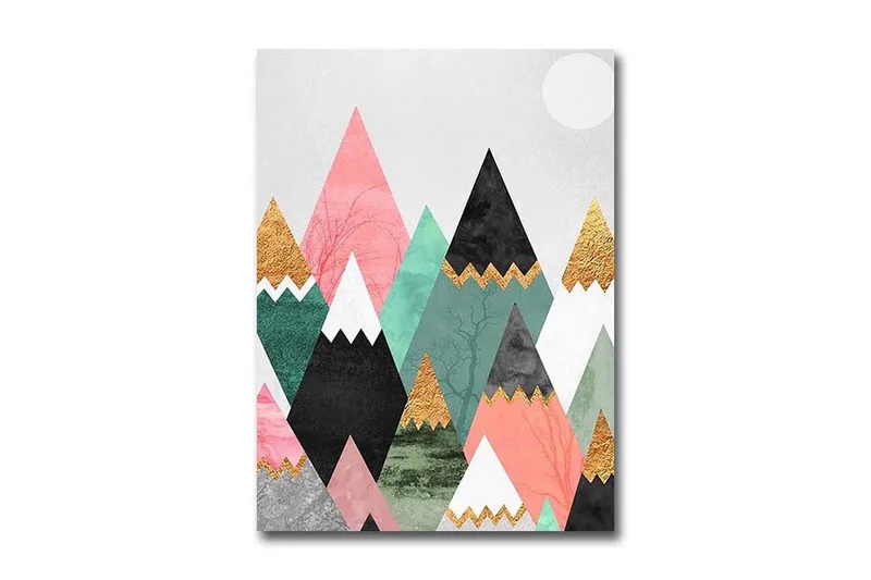 Pieni canvas-taulu 28x38 cm - Abstrakti vuoristomaisema geometrisilla muodoilla, Musta / Mintunvihreä / Vaaleanpunainen