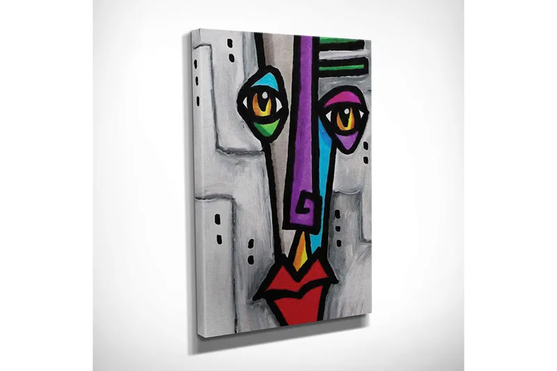 Pieni canvas-taulu 30x40 cm - Abstrakti kasvot geometrisilla muodoilla ja vahvoilla väreillä - Violetti / Punainen / Musta - Sisustustuotteet - Taulu & taide - Canvas-taulu