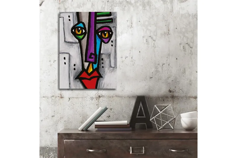 Pieni canvas-taulu 30x40 cm - Abstrakti kasvot geometrisilla muodoilla ja vahvoilla väreillä - Violetti / Punainen / Musta - Sisustustuotteet - Taulu & taide - Canvas-taulu