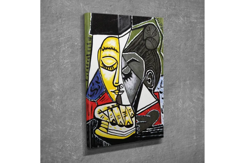 Pieni canvas-taulu 30x40 cm - Abstrakti muotokuva kahdesta vuorovaikutuksessa olevasta kasvosta, Keltainen / Musta / Punainen