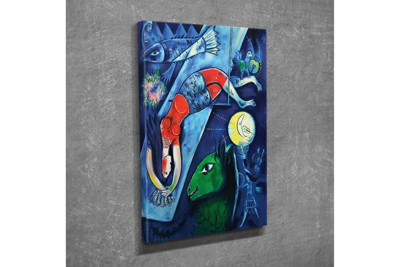 Pieni canvas-taulu 30x40 cm - Abstrakti sommitelma eläimistä ja ihmisistä unenomaisessa ympäristössä, Tummansininen / Punainen / Vihreä