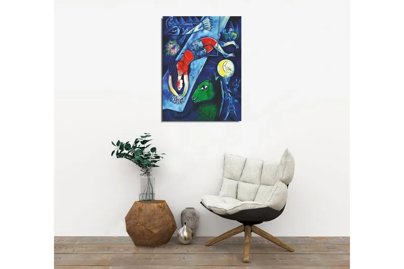 Pieni canvas-taulu 30x40 cm - Abstrakti sommitelma eläimistä ja ihmisistä unenomaisessa ympäristössä - Tummansininen / Punainen / Vihreä - Sisustustuotteet - Taulu & taide - Canvas-taulu