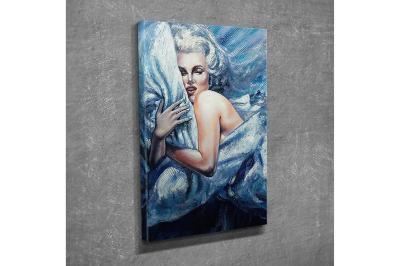 Pieni canvas-taulu 30x40 cm - Aistillinen nainen syleilee pehmeää tyynyä, Sininen / Valkoinen / Musta