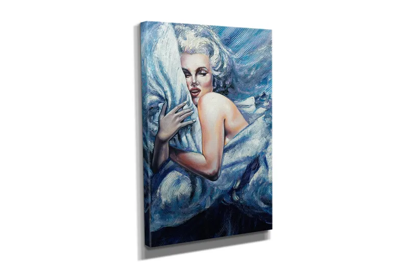 Pieni canvas-taulu 30x40 cm - Aistillinen nainen syleilee pehmeää tyynyä - Sininen / Valkoinen / Musta - Sisustustuotteet - Taulu & taide - Canvas-taulu