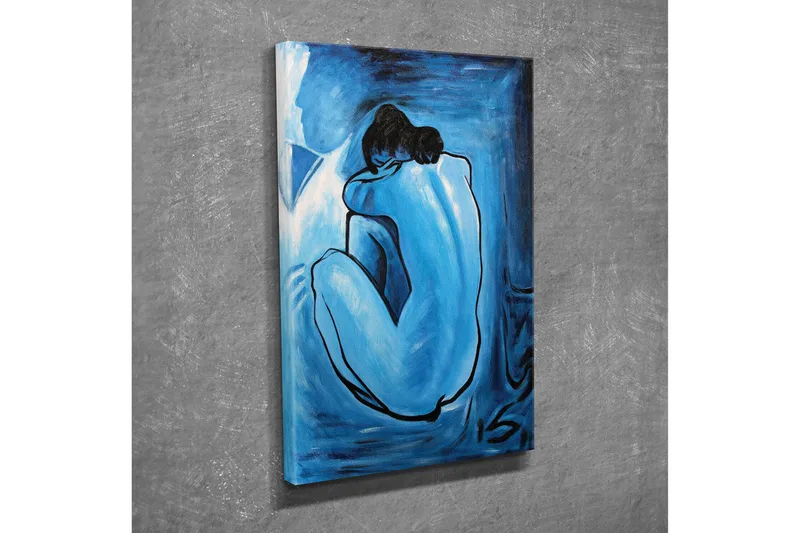 Pieni canvas-taulu 30x40 cm - Alastonhahmo suojaavassa asennossa, Sininen / Vaaleansininen / Musta