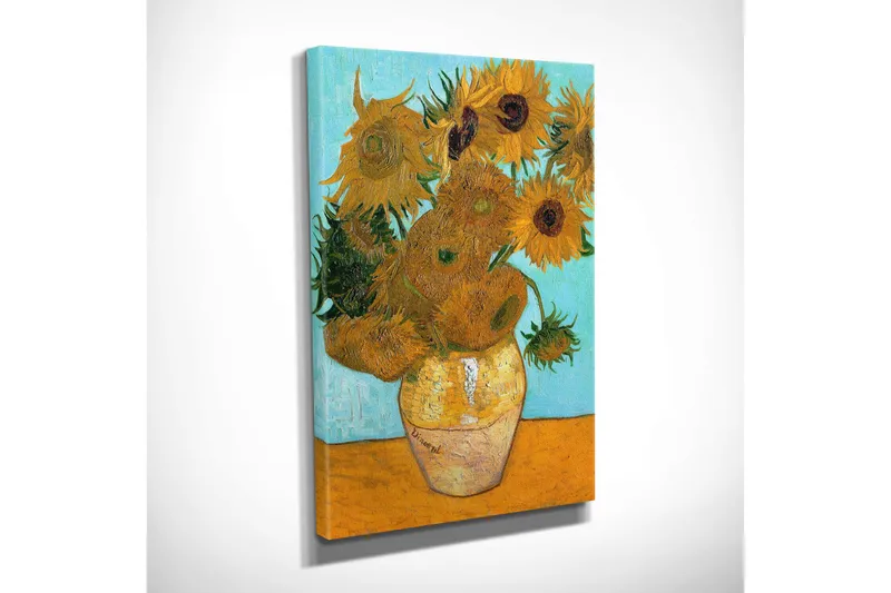 Pieni canvas-taulu 30x40 cm - Auringonkukkia maljakossa vaaleansinisellä taustalla - Keltainen / Vihreä / Oranssi - Sisustustuotteet - Taulu & taide - Canvas-taulu