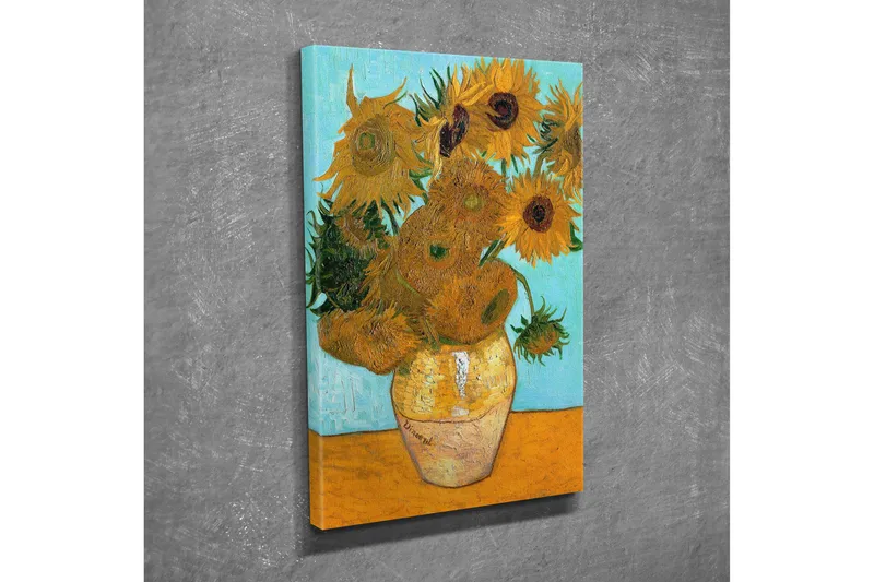 Pieni canvas-taulu 30x40 cm - Auringonkukkia maljakossa vaaleansinisellä taustalla, Keltainen / Vihreä / Oranssi