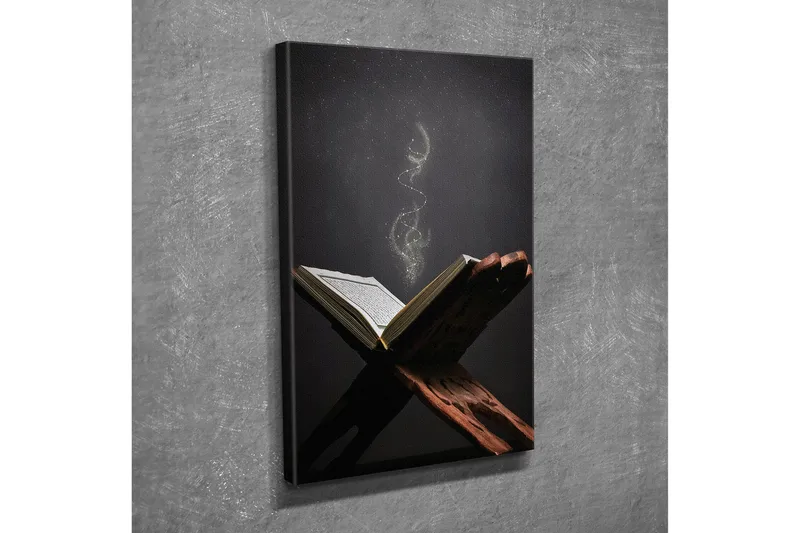 Pieni canvas-taulu 30x40 cm - Avoin kirja kelluvilla valohiukkasilla, Tummanruskea / Kulta / Musta