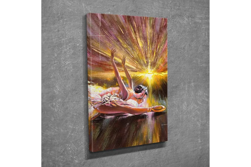 Pieni canvas-taulu 30x40 cm - Ballerina dynaamisessa asennossa valonsäteiden ympäröimänä, Kulta / Vaaleanpunainen / Ruskea