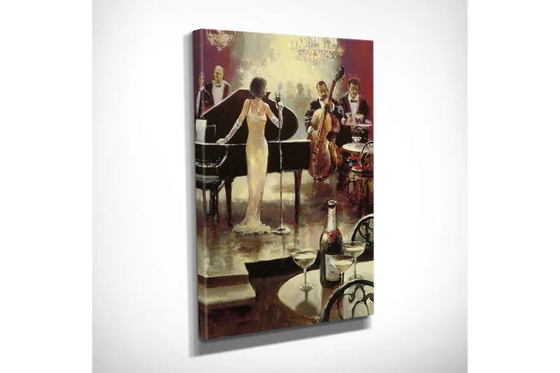 Pieni canvas-taulu 30x40 cm - Elegantit muusikot esiintymässä ylellisessä ympäristössä - Kulta / Musta / Punainen - Sisustustuotteet - Taulu & taide - Canvas-taulu