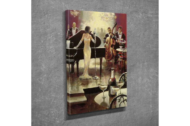 Pieni canvas-taulu 30x40 cm - Elegantit muusikot esiintymässä ylellisessä ympäristössä, Kulta / Musta / Punainen