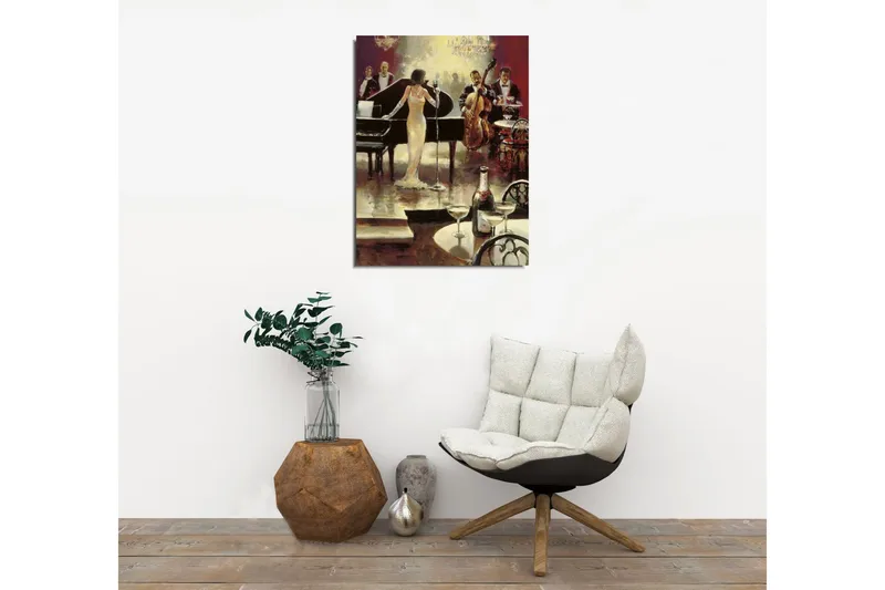 Pieni canvas-taulu 30x40 cm - Elegantit muusikot esiintymässä ylellisessä ympäristössä - Kulta / Musta / Punainen - Sisustustuotteet - Taulu & taide - Canvas-taulu