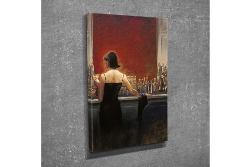 Pieni canvas-taulu 30x40 cm - Elegantti mustamekkoinen nainen nauttii drinkin baarissa, Punainen / Musta / Beige