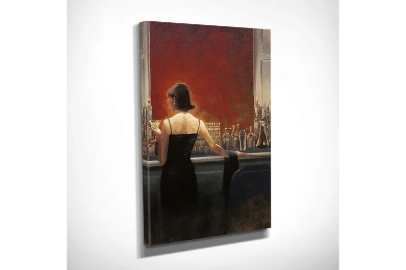 Pieni canvas-taulu 30x40 cm - Elegantti mustamekkoinen nainen nauttii drinkin baarissa - Punainen / Musta / Beige - Sisustustuotteet - Taulu & taide - Canvas-taulu
