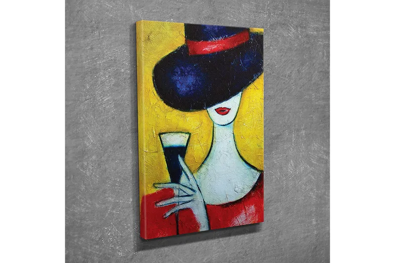 Pieni canvas-taulu 30x40 cm - Elegantti nainen isolla hatulla ja lasilla kädessään, Tummansininen / Punainen / Keltainen