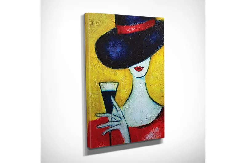 Pieni canvas-taulu 30x40 cm - Elegantti nainen isolla hatulla ja lasilla kädessään - Tummansininen / Punainen / Keltainen - Sisustustuotteet - Taulu & taide - Canvas-taulu