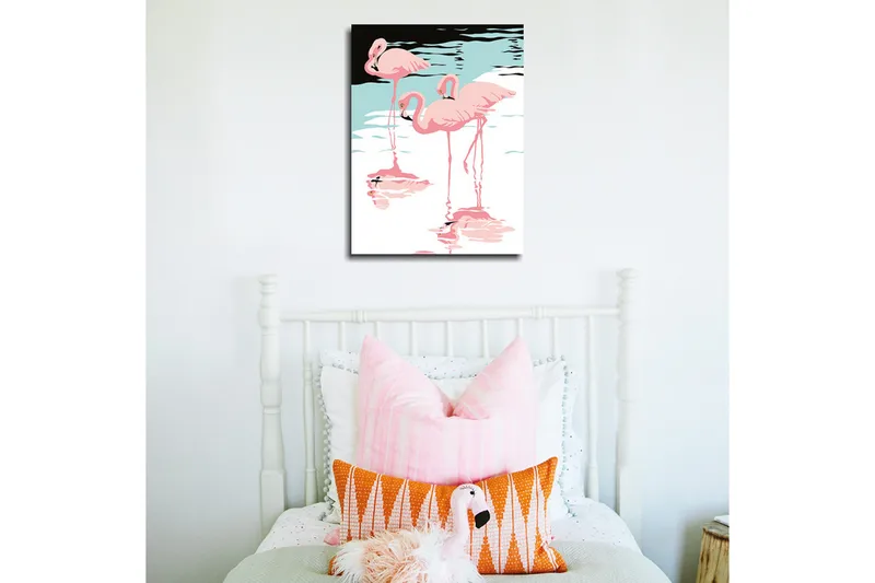 Pieni canvas-taulu 30x40 cm - Flamingot lepäämässä veden pinnalla - Vaaleanpunainen / Turkoosi / Musta - Sisustustuotteet - Taulu & taide - Canvas-taulu